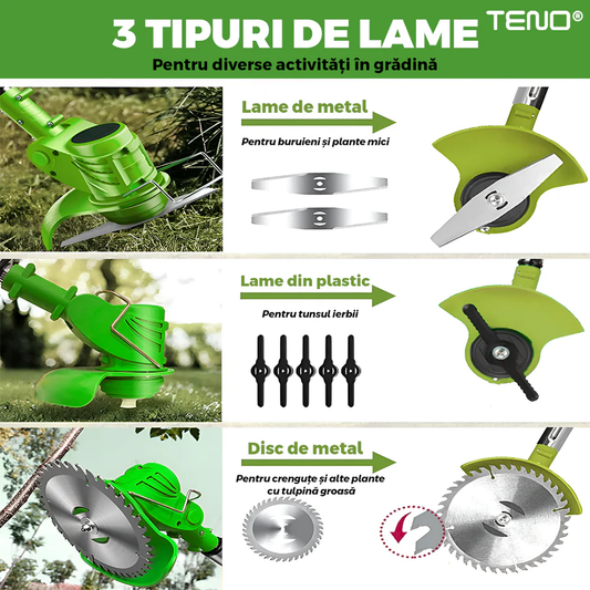 Motocoasă electrică 48 V cu 2 acumulatori, baston telescopic reglabil, 3 lame de tăiere, viteză 18000 RPM, autonomie 2–3 ore