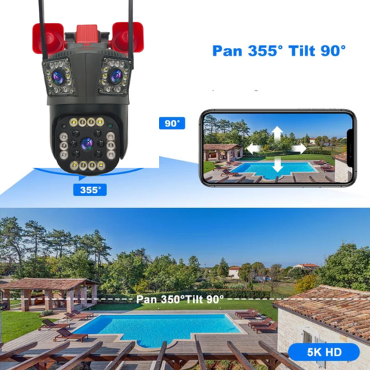 Cameră de Supraveghere Triplă WiFi/4G, 12MP Ultra HD, PTZ 355°, Zoom 5X, Night Vision Color, Audio 2-Way