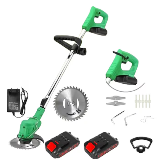 Motocoasă electrică 48 V cu 2 acumulatori, baston telescopic reglabil, 3 lame de tăiere, viteză 18000 RPM, autonomie 2–3 ore